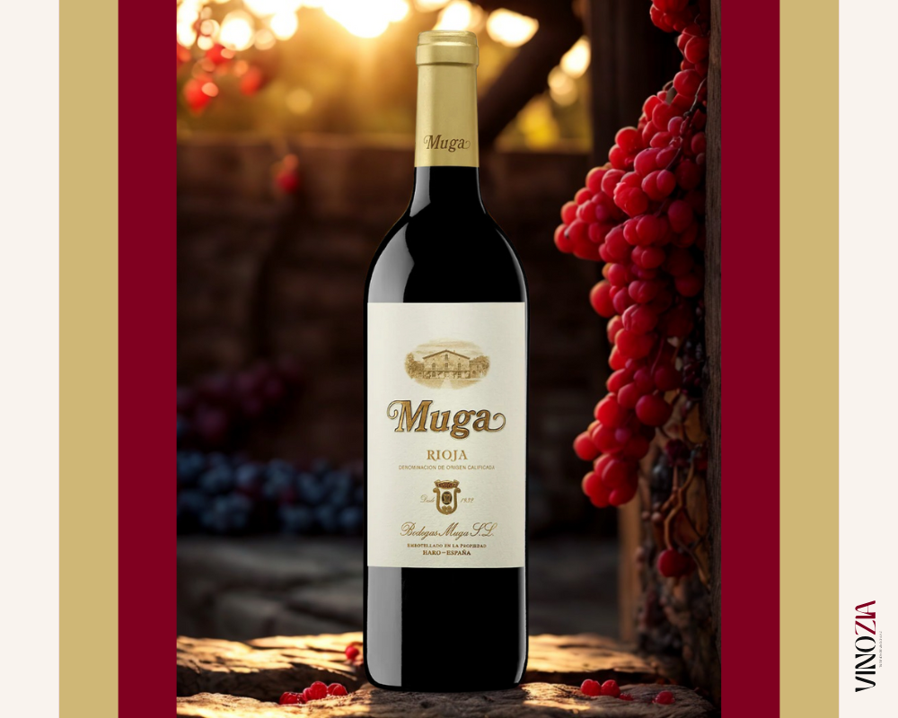 Botella Muga Rioja en primer plano, rodeada de racimos de uva bajo luz cálida al atardecer. Estética rústica con sello Vinozia.