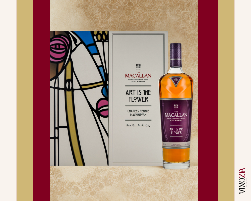 Imagen destacada de la edición limitada The Macallan: Art is the Flower, una expresión de whisky escocés que fusiona arte, elegancia y tradición, con un diseño inspirado en Charles Rennie Mackintosh.